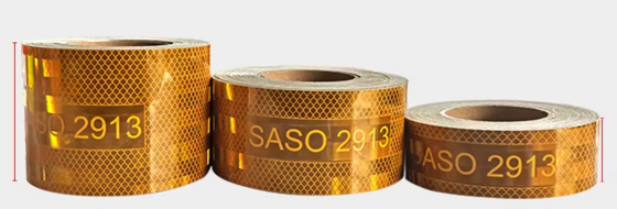 ตลาดซาอุดิอาระเบีย ความเห็นสูง 5CM*25M สีเหลือง สีแดง สีขาว Saso2913 เทปจับตา Dm Saso 2913 เทปสะท้อนแสงรถยนต์